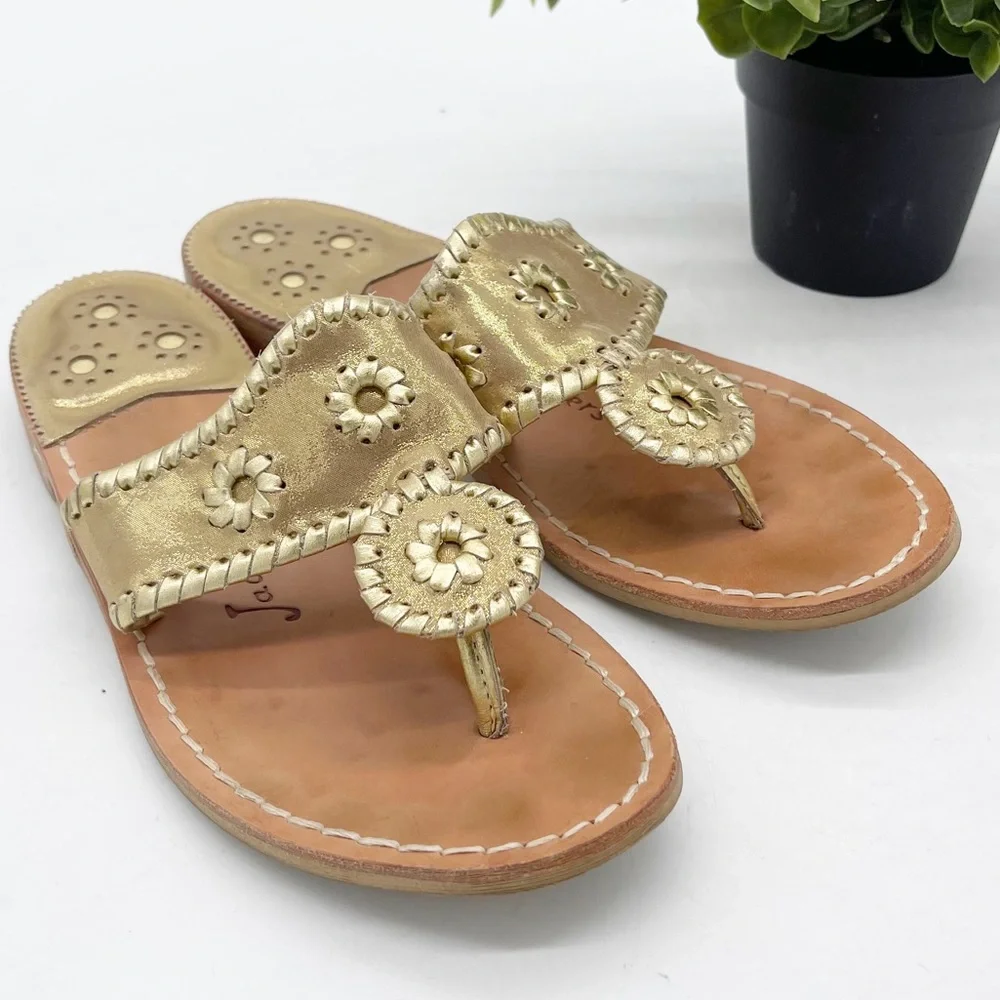 JACK ROGERS Jacks Flat Gold Leather Whipstitch Thong Sandals - Picture 2 of 11